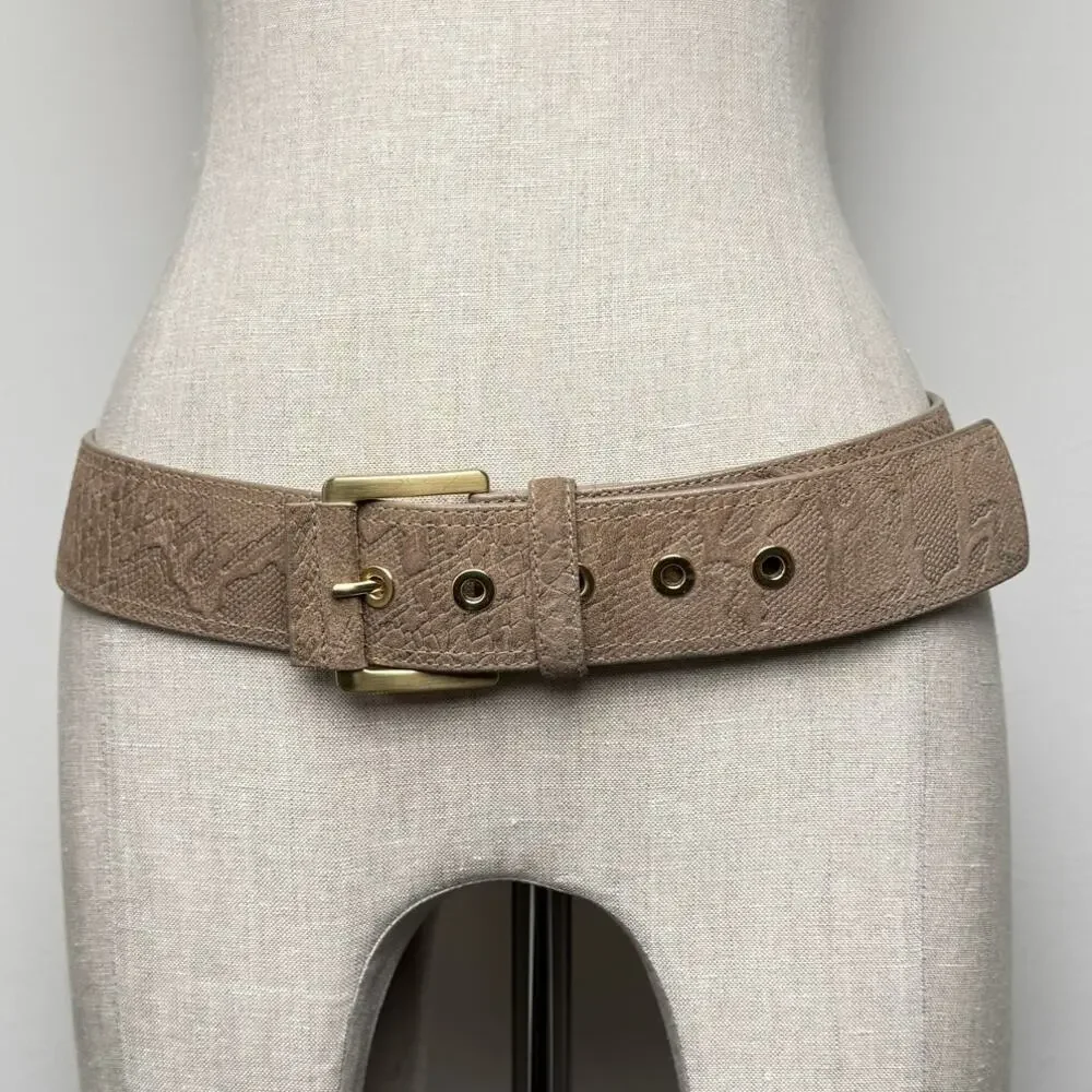 Via Spiga Snake Embossed Suede Leather Wide Belt Gold Hardware Y2K Low Slung